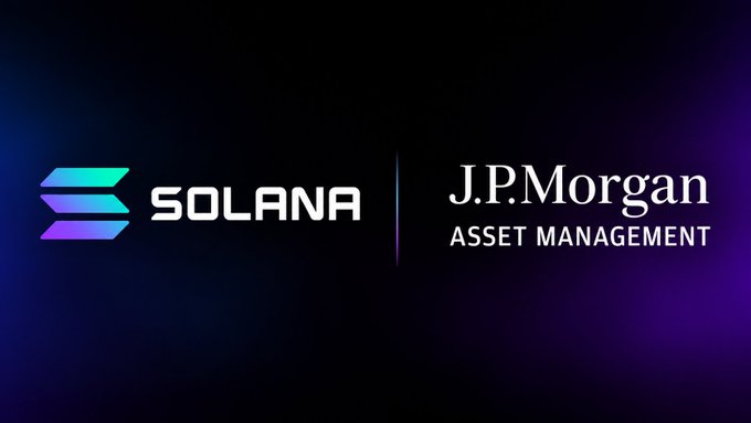 A dark promotional graphic shows the Solana logo and wordmark beside “J.P. Morgan ASSET MANAGEMENT,” separated by a thin vertical line.