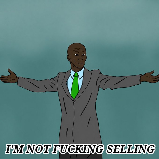 Meme featuring an animated illustration of a bald Black man in a gray suit and green tie with arms spread wide, captioned 'I'M NOT FUCKING SELLING'.