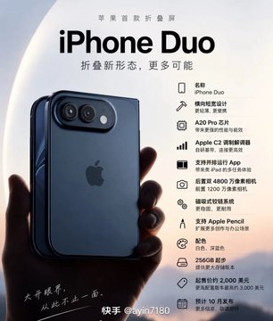 Advertisement in Chinese for the 'iPhone Duo' foldable concept, highlighting features like an A20 Pro chip, Apple C2 modem, and Apple Pencil support, with the handle @yiy7180.