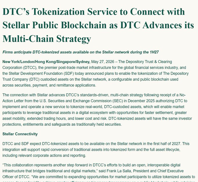 The image shows a text that reads "Leaving XRP? Yet another one who lacks reading comprehension. While this news might seem confusing at first glance, when you look at the mechanics and the technical architecture under the hood, it is not a threat to XRP, in fact, it is the exact validation of our thesis." The image also contains some text about DTC's tokenization service that connects with Stellar Public Blockchain as DTC advances multi-chain strategy.