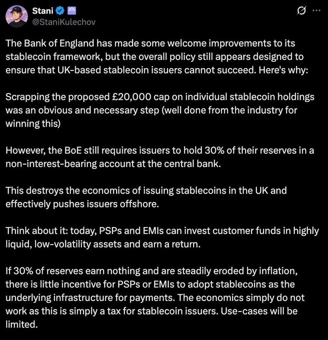 The image shows a screenshot of a text message or email posted by a person named Stanislav Kulechov, who is a founder of Aave. The content of the message seems to be critical about the UK stablecoin regulation, specifically regarding the Reserve Bank's 30% non-interest-bearing reserve rule. This regulation could potentially push issuers offshore in order to avoid compliance with the rule and maintain their reserves at the central bank.