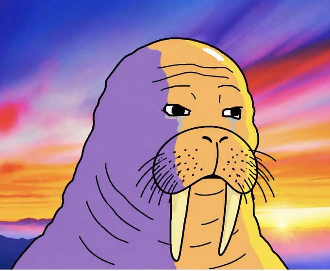 A cartoon walrus with sad, teary eyes is depicted against a vibrant sunset sky, evoking the emotional weight of the "GM" (Good Morning) greetings to fellow crypto believers, the $walrus token community, and $XRP meme enthusiasts.