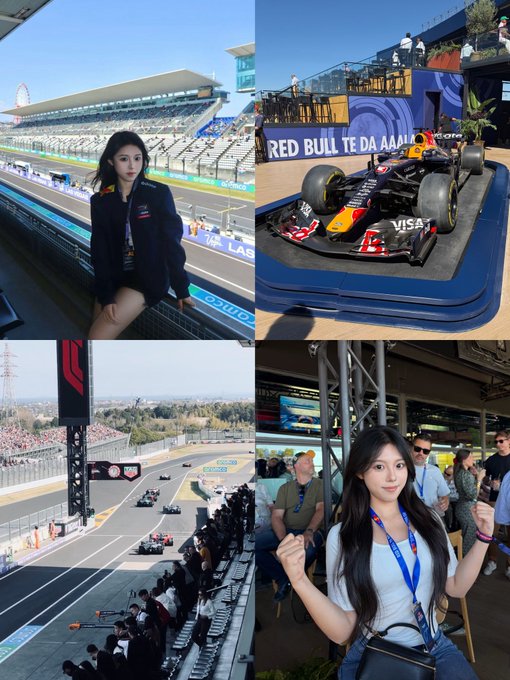 A collage of four images showing women at what appears to be a Formula 1 race event, including shots of women posing with track views, a Red Bull Racing F1 car display with 'Red Bull Te Da AAA' and 'VISA' branding, the starting grid with cars lined up, and a woman with a lanyard at the venue.