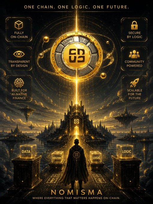 A promotional poster for 'NOMISMA' blockchain platform featuring the tagline 'ONE CHAIN. ONE LOGIC. ONE FUTURE.' and a hooded figure approaching a golden citadel.