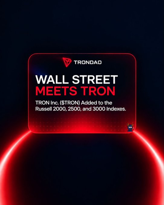 A promotional graphic with a dark background and red neon accents features the Trondao logo and text reading 'WALL STREET MEETS TRON' along with 'TRON Inc. ($TRON) Added to the Russell 2000, 2500, and 3000 Indexes.'