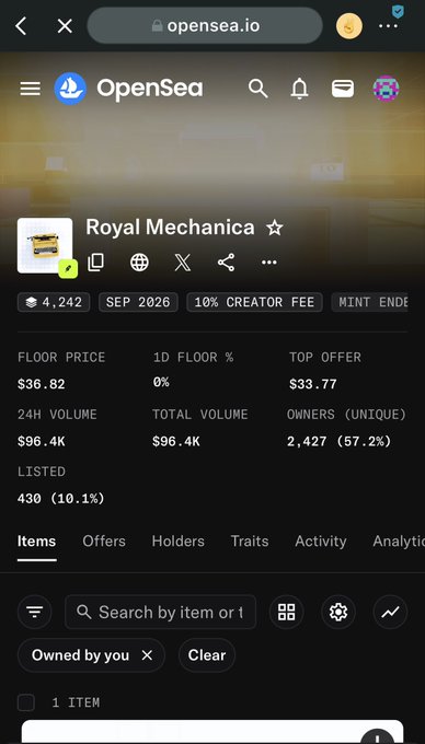 A mobile screenshot of the OpenSea NFT marketplace showing a collection titled 'Royal Mechanica' with a floor price of $36.82, a 24H volume of $96.4K, and 4,242 items, set to mint end in September 2026 with a 10% creator fee.