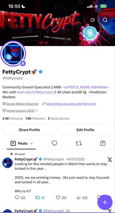 This image shows a Twitter/X profile for "FettyCrypt" (@Fettycryptt), a Community Growth Specialist with 2.5K Following, 7.8K Followers, and 5 Subscriptions. The caption "wen 8k" playfully references the user's current follower count of 7.8K, anticipating reaching 8,000 followers.