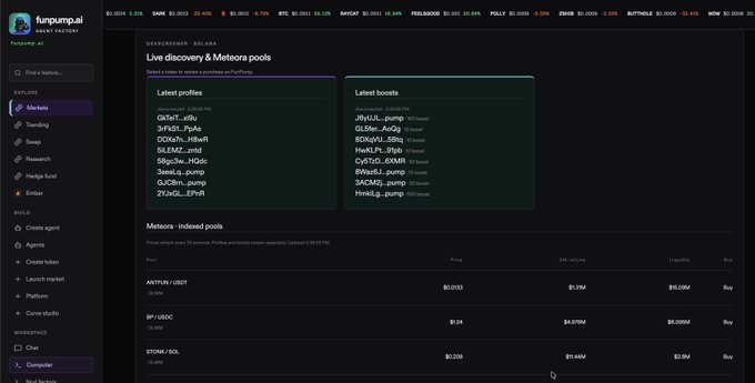 Screenshot of the Funpump AI Agent Factory dashboard displaying live meme token discovery, including profiles like Q5SI3_FyAs, DOXa7u, and 3XFeSL, with indexed pools such as ANTIUM/USDT, 6P/USDC, and STONK/SOL.