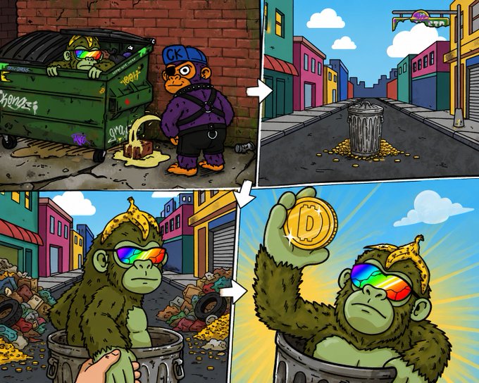 A four-panel comic featuring a gorilla character wearing rainbow sunglasses that emerges from a dumpster, goes through a portal, and ultimately holds up a Dogecoin (D) cryptocurrency coin.