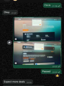 A Telegram chat log showing a 'KOL Partner Program' with messages like 'I'm in', 'Okay', 'Passed', and 'Expect more deals' alongside screenshots of a partner dashboard and progress chart.