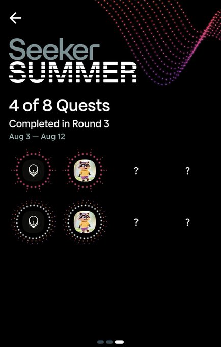 A mobile app screen titled "Seeker SUMMER" showing "4 of 8 Quests Completed in Round 3" with date range "Aug 3 - Aug 12" and circular quest icons.