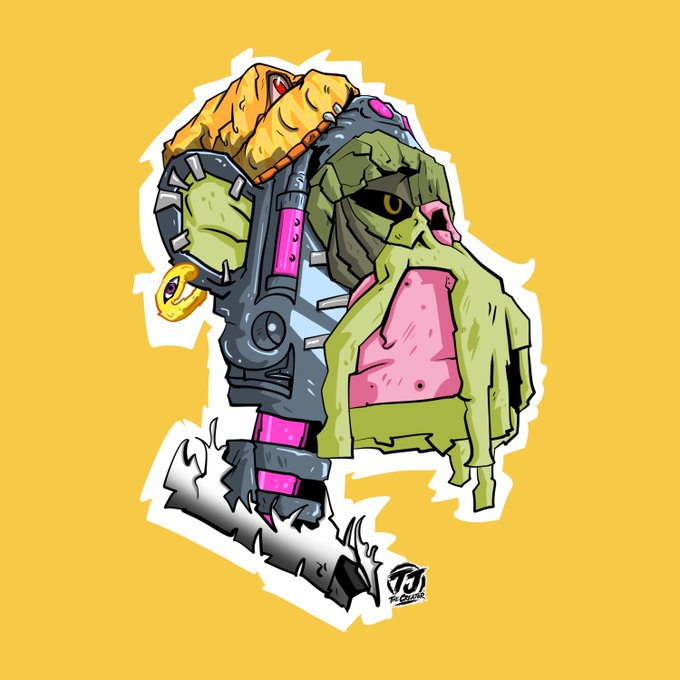 A cartoonish sticker-style illustration of a grotesque zombie-like character with green skin, missing teeth, and a cybernetic arm, holding a bone in a spiked helmet, set against a yellow background.