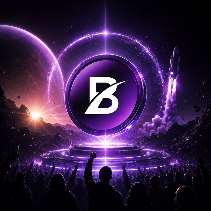 A futuristic purple-themed digital illustration featuring a stylized 'B' logo encircled by glowing rings, a launching rocket, planets, and a silhouetted crowd with raised hands cheering.
