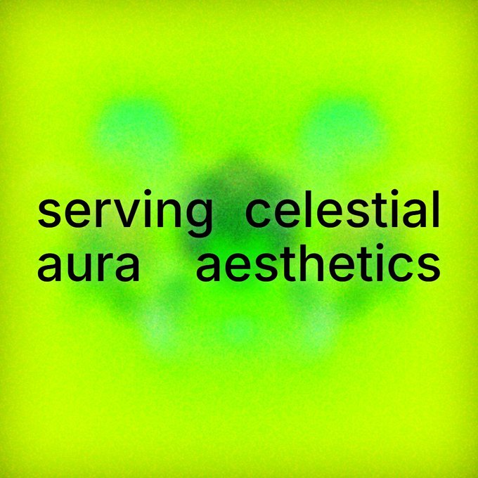 A vibrant green and yellow gradient background features the text "serving celestial aura aesthetics" in bold black letters, aligning with the post's promotion of an aura-reveal website where users can discover their daily celestial aura aesthetic.