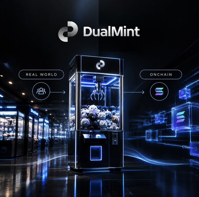 A futuristic claw machine branded "DualMint" filled with plush teddy bears, displayed in a neon-lit arcade setting with labels "REAL WORLD" and "ONCHAIN" and Solana logos.