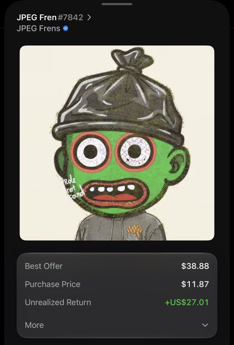 The image displays a digital artwork NFT titled "JPEG Frens #7842" from the "JPEG Frens" collection, featuring a cartoon character with green skin, large bulging eyes, and a tied trash bag on its head. The asset details show a best offer of $38.88 against a purchase price of $11.87, yielding an unrealized return of +US$27.01, fitting the playful "Jpeg frens" theme of the featured character art.