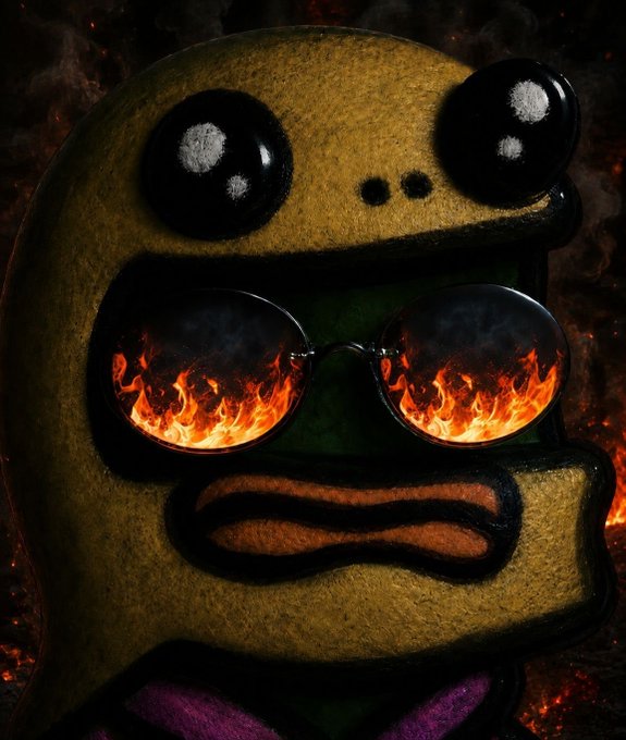 A surreal digital illustration of a yellow-green character with large black eyes wearing round sunglasses that reflect flames, set against a smoky, ember-filled dark background.