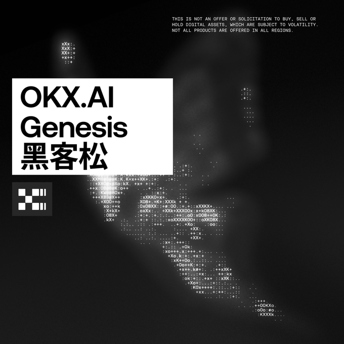 A black and white promotional graphic for the "OKX.AI Genesis 黑客松" (Hackathon) features ASCII-art text forming a star/rocket shape against a dark background, with a logo of four checkered squares and a disclaimer noting it is not an offer or solicitation to buy, sell, or hold digital assets due to volatility. The design ties into the accompanying post, which announces the hackathon's $100,000 main prize pool—$90,000 plus 10 social media awards of $1,000 each—for building ASP agents that assist in daily life, using #OKXAI.