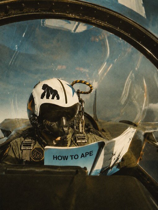 A photo of a pilot wearing a helmet with a gorilla silhouette logo inside a cockpit canopy, holding a blue booklet labeled 'HOW TO APE' with a matching gorilla emblem.