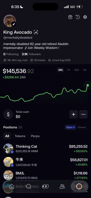 A screenshot of the "King Avocado" (@mentallydisabled) portfolio on what appears to be a crypto trading platform, showing a balance of $145,536.92 with a +$9,166.44 24h gain. The caption aligns with the post's bold prediction of reaching $1 million in 7 days, highlighting the impressive journey from $5K to $150K already shown in the portfolio.