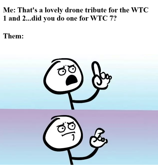A meme with text reading 'Me: That's a lovely drone tribute for the WTC 1 and 2...did you do one for WTC 7?' followed by 'Them:' and two angry cartoon stick figures making pointed gestures.