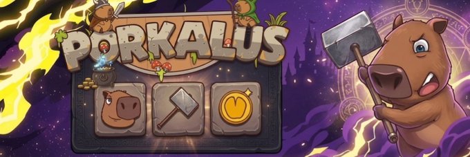 A colorful slot machine-style graphic for 'PORKALUS' featuring a cartoon warthog holding a hammer, with slot symbols including a pig, shovel, and golden coin against a purple mystical background.