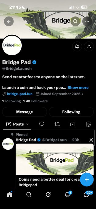 X (Twitter) profile for 'Bridge Pad' (@BridgeLaunch), a verified account with 1 Following and 1.4K Followers, displaying a pinned post about creator coins.