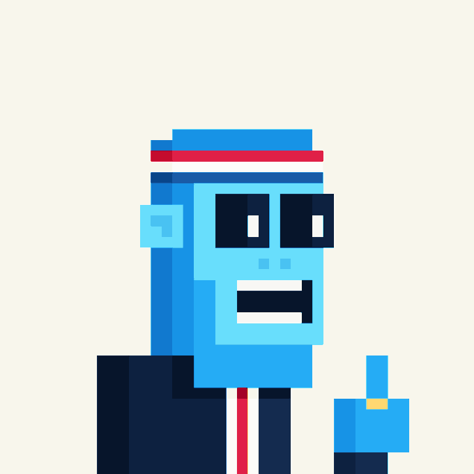 A pixel art character with blue skin wearing a red headband, giving a thumbs-up gesture against a cream-colored background.