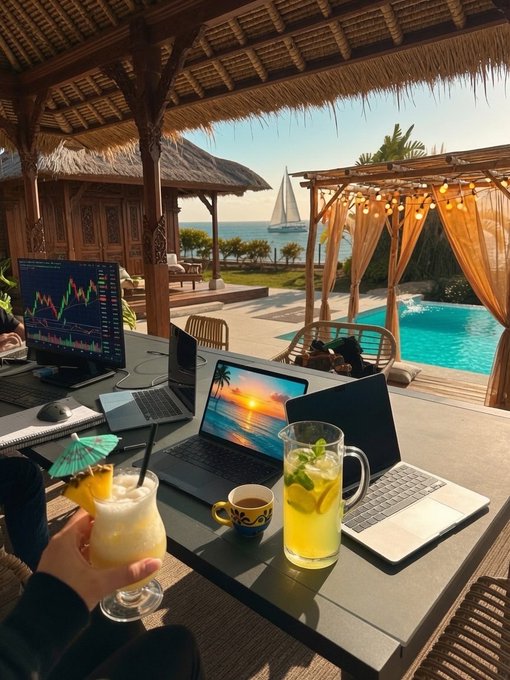 A tropical beachside setting with a trading setup on a table—laptops and a monitor displaying stock charts alongside tropical cocktails, with the ocean and a sailboat in the background.
