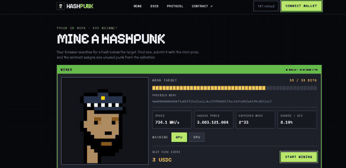 A webpage for 'HASHPUNK' features a 'MINE A HASHPUNK' mining interface displaying a pixelated miner character, a hash target progress bar, and stats including a speed of 734.1 MH/s.