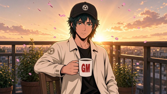 An anime character with dark hair wearing a black cap and white jacket, holding a mug labeled 'GM' against a sunset backdrop with falling pink petals.