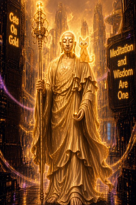 A golden statue of a robed monk holding a staff stands beside a small cat in a glowing cityscape, with illuminated signs reading "Cets On Gold" and "Meditation and Wisdom Are One." The image visually represents the post's reference to the $CETS cryptocurrency, symbolizing the user's steadfast conviction in holding the asset through both profit-taking and continued positions.