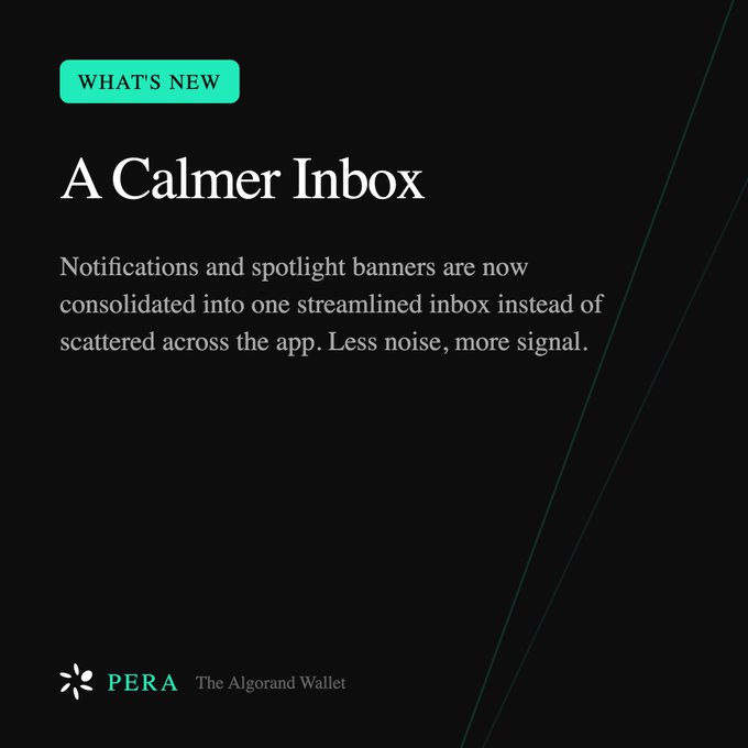 A dark promotional graphic for 'PERA The Algorand Wallet' titled 'A Calmer Inbox,' with a 'WHAT'S NEW' badge and text explaining that notifications and spotlight banners are now consolidated into one streamlined inbox.