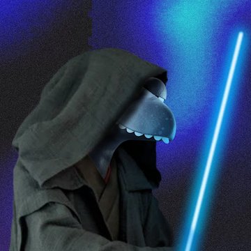 A digital artwork of a character with a duck-like bill wearing a dark hooded robe, holding a glowing blue lightsaber against a dark blue background.