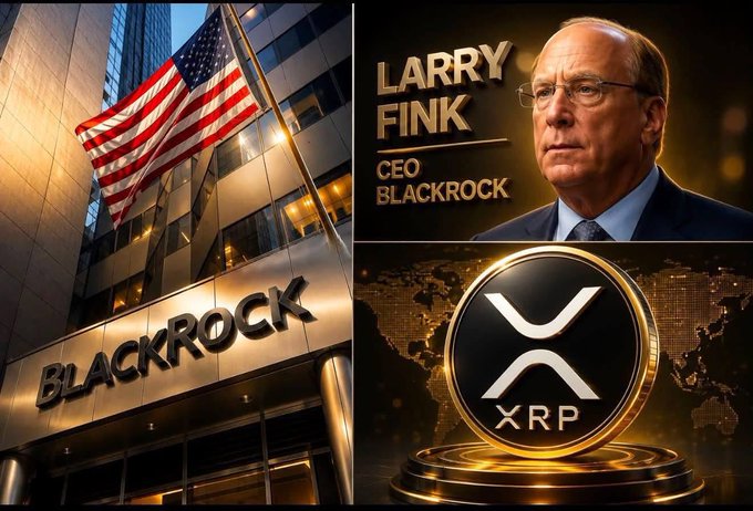 A collage features the BlackRock building with an American flag, a portrait labeled "LARRY FINK CEO BLACKROCK," and a large XRP coin on a pedestal.