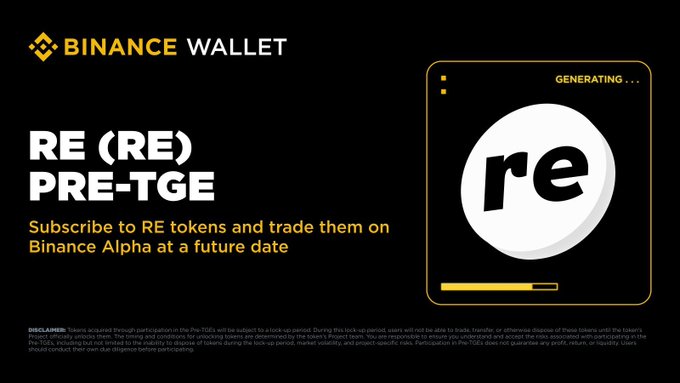 The image features a poster for Binance Wallet, which has a black background with white text. The main focus of the poster is a white circle containing the word "RE" written inside. Below this, there are two lines of text that read "Pre-TGE" and "Re(pre)TGE". These lines describe how to use the wallet service, specifically for trading cryptocurrencies like Bitcoin. The poster also includes a link to a website where users can sign up for an account or participate in a rewards program.