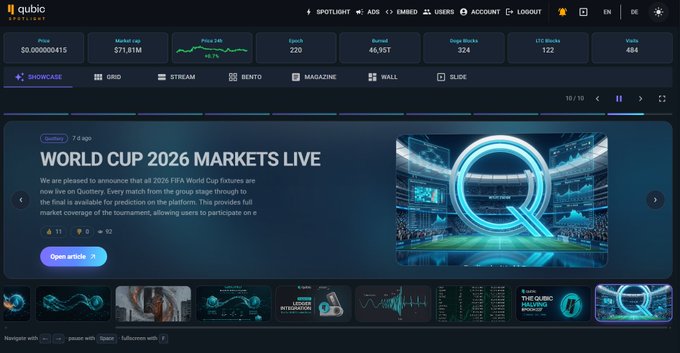 The image shows the updated Qubic Spotlight v0.0.5 homepage featuring a sleek animated layout with market statistics ($0.000000415 price, 571.81M market cap, 220 Epoch) and a featured "WORLD CUP 2026 MARKETS LIVE" announcement post, alongside alternative layout options (Grid, Stream, Bento, Magazine, Wall, Slide) that users can toggle and save their preference in browser local storage.