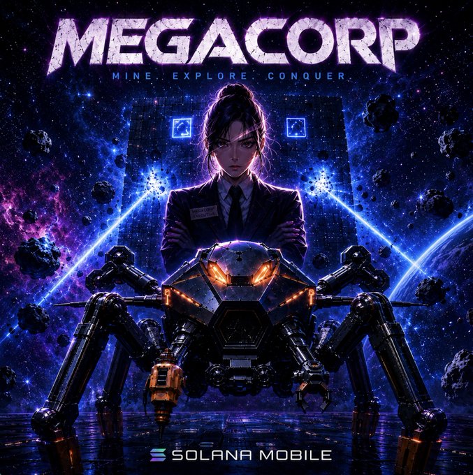 Promotional artwork for the game 'MEGACORP - MINE. EXPLORE. CONQUER.' featuring a stern woman in a suit standing behind a mechanical spider-like robot with glowing orange eyes in a cosmic space setting, branded with 'SOLANA MOBILE'.