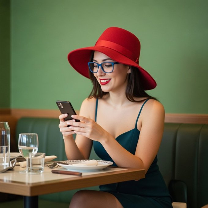 A smiling woman wearing a red wide-brimmed hat, blue glasses, and a teal dress looks at her smartphone while seated at a restaurant table with plates and glasses.
