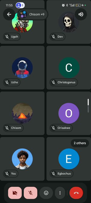 A mobile phone screenshot shows an active group call with six participants including 'Dev', 'Uche', 'Christogonus', 'Chisom', 'Orisakwe', 'Egbochuo', and 'You'.