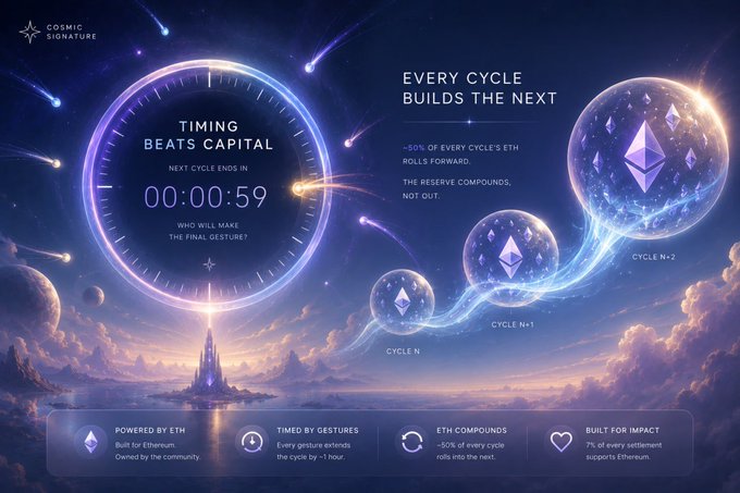 The image features a poster with a clock at the top and several circles containing different amounts of ether symbols below it, along with various texts such as "timing beats capital", "@CosmicSignature", and "7% of every settlement goes directly to the people maintaining Ethereum". The text seems to be explaining a protocol where every cycle builds the next for Ethereum. The image is related to the post because the visual elements match those in the caption, showcasing a connection between the poster's content and the underlying information about the Ethereum protocol posted elsewhere.