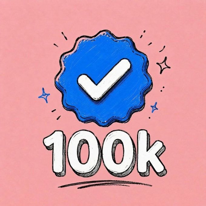 A hand-drawn style graphic on a pink background featuring a blue badge with a white checkmark and the text '100K' below it, surrounded by small star doodles.