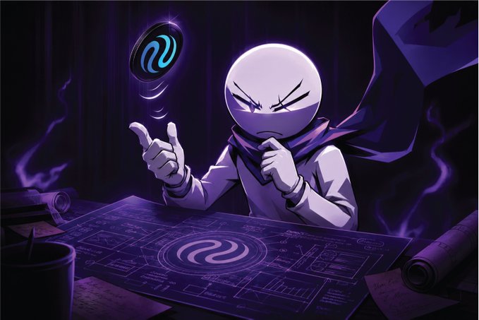 The image features a white character with an evil expression sitting at a desk, holding a blue coin above their head as if about to throw it into the air. The background of the image is dark purple, creating a mysterious atmosphere around the scene. There are also some books visible in the image, suggesting that this might be a workspace or study area for someone who works with the @injective ecosystem.