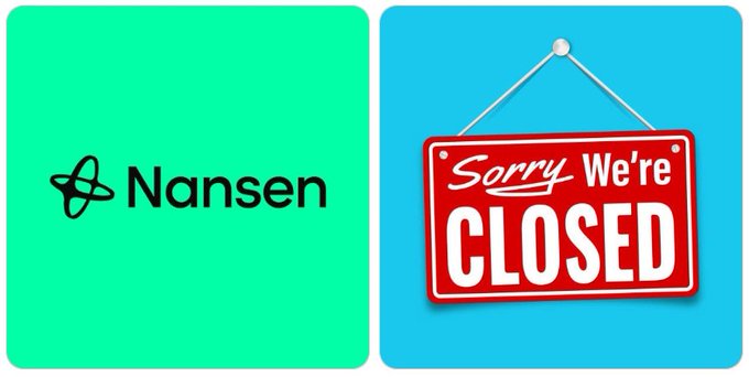 A split image with the Nansen logo on a green background on the left, and a red 'Sorry We're Closed' sign on a blue background on the right.