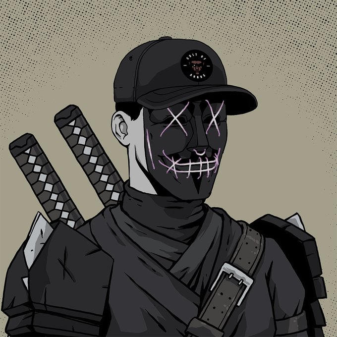 Stylized digital illustration of a ninja-like character in black with a cap featuring a skull logo, X-shaped eyes, a stitched grin mask, and two swords strapped to his back.