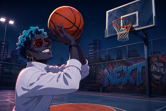 An anime-style illustration shows a smiling character with blue dreadlocks and red sunglasses preparing to shoot a basketball on an outdoor court at night, with graffiti reading "NEXT" on the wall behind the hoop.