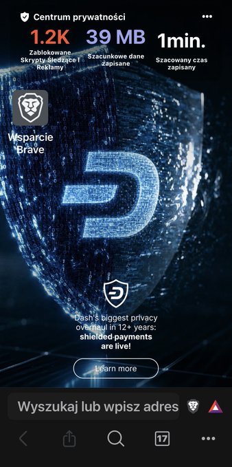 A mobile screen displays a privacy dashboard in Polish with 'Centrum prywatności' and shows the Dash (DASH) logo with the text 'Wsparcie Brave' and 'Dash's biggest privacy overhaul in 12+ years: shielded payments are live!'.