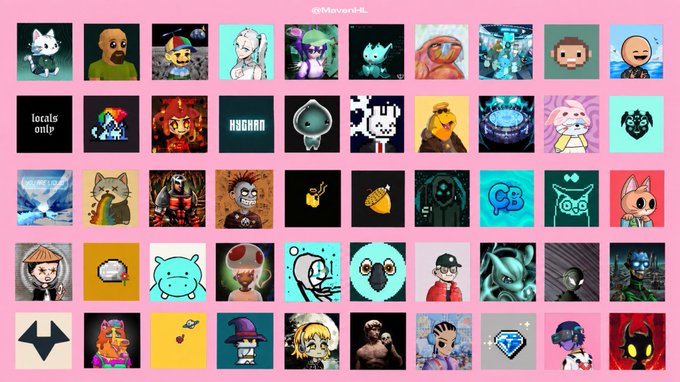 A pink-background collage of various NFT profile pictures and character art credited to @Maven4L, including crypto punks and other stylized characters.