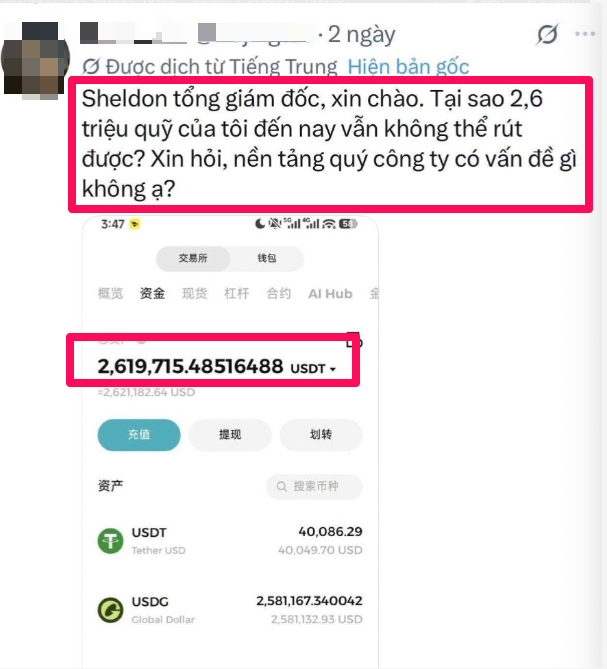 A Vietnamese-translated message addressed to 'Sheldon' complaining about being unable to withdraw 2.6 million from their account, with a screenshot showing 2,619,715.48516488 USDT.