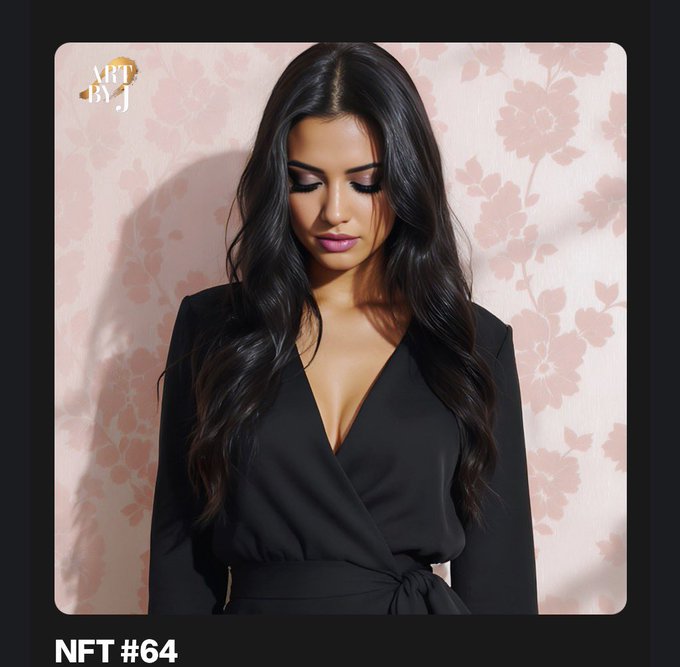 A portrait-style NFT image shows a woman with long dark wavy hair wearing a black wrap top, labeled 'ART BY J' and 'NFT #64'.